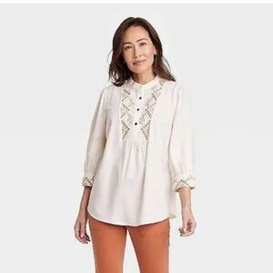 Knox Rose Embroidered Popover Top Womens Size‎ XS 3/4 Sleeves Boho
